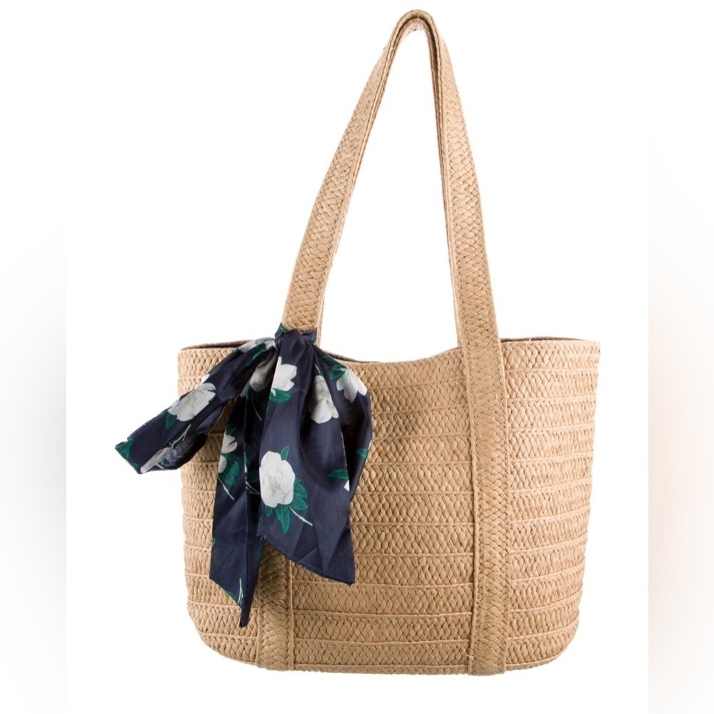 Draper James Everyday Woven Straw Neutral Tote Bag w/ Scarf Tie Preppy Summer